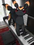  animal animal_ears animal_feet animal_focus black_fur closed_mouth colored_sclera facial_mark fluffy forehead_mark indoors instrument looking_at_viewer nagasaki_wonderful no_humans piano piano_bench piano_keys pokemon pokemon_(creature) red_carpet red_sclera sheet_music standing tail umbreon window 