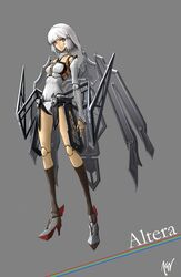  152_in_can 1girl absurdres altera_(fate) android bare_shoulders breasts character_doll character_name chitocerium collar crossover detached_collar detached_sleeves doll doll_joints english_text expressionless fate/grand_order fate_(series) full_body grey_background high_heels highres joints leotard low_wings mechanical_wings robot robot_girl short_hair small_breasts solo veil white_collar white_hair white_leotard white_sleeves white_veil wings yellow_eyes 