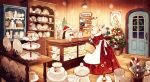  apron basket bow bowtie candy candy_cane christmas christmas_stocking christmas_tree christmas_wreath counter cup dishes dress english_text food fork glasses hand_on_own_chin hanging_light hat hedgehog hinata_(echoloveloli) holding holding_basket indoors kettle no_humans original plate porcelain rabbit red_bow red_bowtie red_dress santa_hat shop snowflakes spoon star_(symbol) white_apron wooden_floor wooden_wall wreath 