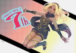  1girl anniversary ariazi blonde_hair boots breasts dark-skinned_female dark_skin full_body gravity_daze gravity_daze_2 highres kitten_(gravity_daze) long_hair looking_at_viewer medium_breasts open_mouth red_eyes scarf smile solo 