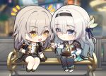  2girls absurdres black_coat black_hairband cake cavcaz chibi coat dress feeding firefly_(honkai:_star_rail) food grey_hair hair_between_eyes hair_ornament hairband highres honkai:_star_rail honkai_(series) jacket long_hair long_sleeves looking_at_another multiple_girls shirt stelle_(honkai:_star_rail) thigh-highs trailblazer_(honkai:_star_rail) two-tone_eyes yellow_eyes yuri 