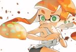  1girl aqua_eyes bare_arms bare_shoulders breasts covered_mouth earrings floating_hair inkling inkling_girl inkling_player_character jewelry koike3582 long_hair medium_breasts multiple_earrings orange_hair pointy_ears shirt simple_background sleeveless sleeveless_shirt solo splatoon_(series) tentacle_hair white_background white_shirt 