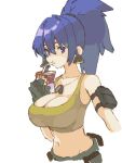  apple_juice bare_shoulders blue_hair breasts carton crop_top dog_tags drink drinking drinking_straw drinking_straw_in_mouth earrings highres holding holding_carton holding_drink jewelry juice juice_box leona_heidern midriff ooiwa_(irc14786149) ponytail sleeveless soldier tank_top the_king_of_fighters the_king_of_fighters_xv triangle_earrings yellow_tank_top 