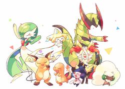  arms_up braixen charmander claws closed_eyes colored_skin dark_skin dragon dress fire furry gardevoir green_hair green_skin hair_over_one_eye haxorus hitofutarai jirachi mime_jr. multicolored_fur multicolored_skin open_mouth orange_fur orange_skin pink_skin pokemon pokemon_(creature) raichu simple_background smile tanzaku two-tone_skin whimsicott white_background white_dress white_skin yellow_fur 