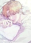  1boy artist_name bed blonde_hair character_request copyright_request english_text highres hugging_object indoors jin_wol1015 long_sleeves male_focus on_pillow parted_lips pillow pillow_hug purple_sweater short_hair solo sweater teeth white_background yellow_eyes 