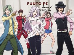  2girls 3boys artist_name bare_shoulders baron_(varon666) black_hat black_pants black_vest blue_coat breasts brown_eyes brown_hair coat copyright_name cowboy_shot dancing deadpool_&amp;_wolverine fedora fuuto_tantei green_eyes green_hair group_picture hat hidari_shoutarou high_ponytail highres hood hooded_coat jacket kamen_rider kamen_rider_w large_breasts long_hair multiple_boys multiple_girls narumi_akiko outdoors outstretched_arm pants philip_(kamen_rider) pink_shirt purple_hair red_jacket red_pants shirt short_hair sleeveless sleeveless_coat snow terui_ryuu tokime_(fuuto_tantei) twitter_username vest violet_eyes white_shirt 
