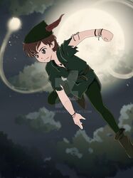  1boy black_footwear boots brown_eyes brown_hair bug fairy feathers fly fly_agaric green_hat green_shirt green_tunic hat hat_feather highres leaf moon mushroom peter_pan peter_pan_(character) peter_pan_(disney) pointy_ears red_feathers shirt short_hair size_difference tinker_bell_(character) tinker_bell_(disney) toon_(style) watermark 