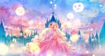  1girl :d castle clouds cross dress flower frills hair_flower hair_ornament hairband jewelry long_hair long_sleeves looking_at_viewer mint5464 multicolored_sky open_mouth original outdoors pink_dress red_eyes sky smile solo standing very_long_hair white_hair 