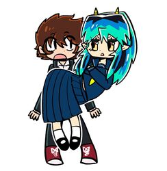  1boy 1girl black_jacket black_pants blue_sailor_collar blue_serafuku blue_shirt blue_skirt brown_eyes brown_hair commentary cone_horns english_commentary flying full_body green_hair highres horns jacket long_hair looking_at_another lum moroboshi_ataru neckerchief nyolord pants pleated_skirt pointy_ears sailor_collar school_uniform serafuku shirt short_hair sidelocks simple_background skirt standing urusei_yatsura white_background white_shirt yellow_neckerchief 