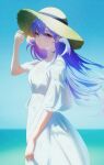  1girl absurdres alternate_costume blue_sky closed_mouth dress euzh266 from_side hand_on_headwear hand_up hat head_wings highres honkai:_star_rail honkai_(series) horizon jewel_under_eye light_particles long_hair looking_at_viewer ocean purple_hair robin_(honkai:_star_rail) sky solo straw_hat upper_body violet_eyes white_dress wings 