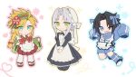  3boys alternate_costume apron arms_up back_bow black_dress black_hair blonde_hair blue_bow blue_eyes blue_footwear blue_jacket blue_outline blue_shorts blush_stickers bow braid chibi cloud_strife crisis_core_final_fantasy_vii crossdressing dress fang final_fantasy final_fantasy_vii flower frilled_apron frilled_bonnet frilled_headwear frills full_body geta green_eyes grey_hair hair_bow hair_flower hair_ornament hairband hands_up headband heart highres jacket japanese_clothes juliet_sleeves keiseki1 leg_warmers leggings light_smile lolita_hairband long_bangs long_hair long_sleeves looking_at_viewer maid maid_apron maid_day male_focus multiple_boys one_eye_closed outline own_hands_together parted_bangs pleated_skirt puffy_sleeves red_flower red_outline red_skirt sephiroth serious short_hair shorts simple_background skin_fang skirt sleeve_cuffs sparkle spiky_hair standing track_jacket twin_braids v very_long_sleeves white_apron white_background white_bonnet white_bow white_leggings wide_sleeves yellow_outline zack_fair 