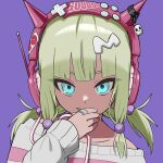  1girl blonde_hair blue_eyes blunt_bangs cable covering_own_mouth double-parted_bangs facing_viewer fake_horns gift_art hand_over_own_mouth hand_up headphones headset highres holding holding_cable horned_headwear horns hyow jewelry light_smile long_sleeves looking_at_viewer low-tied_sidelocks low_twintails medium_hair multicolored_clothes multicolored_sweater off-shoulder_sweater off_shoulder original parted_lips pink_headphones pink_sweater portrait purple_background ring ringed_eyes sharp_teeth simple_background skull_ornament sleeve_cuffs solo straight-on striped_clothes striped_sweater sweater teeth twintails white_sweater 