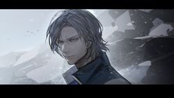  1boy armored_core armored_core_6 blue_jacket closed_mouth grey_background grey_eyes grey_hair highres jacket letterboxed male_focus outdoors portrait riio short_hair snow solo v.iv_rusty 