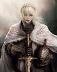  1girl armor black_armor blonde_hair braid breastplate cape cloak commentary crown_braid elden_ring elden_ring:_shadow_of_the_erdtree english_commentary full_armor gauntlets gold gold_trim hand_on_helmet helm helmet highres holding holding_helmet holding_sword holding_weapon kem2064 long_hair looking_at_viewer needle_knight_leda ornate ornate_armor simple_background solo sword unworn_headwear unworn_helmet weapon white_cape white_cloak yellow_eyes 