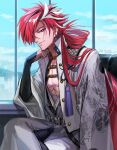  1boy belt closed_mouth dated earrings fate/grand_order fate_(series) fon-due_(fonfon) hair_over_one_eye japanese_clothes jewelry long_hair looking_at_viewer male_focus multicolored_hair pectorals red_eyes redhead solo streaked_hair takasugi_shinsaku_(fate) very_long_hair white_hair 