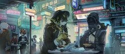  2girls 2others 4boys aak_(arknights) alternate_costume animal_ears animal_on_shoulder arknights black_cat black_hat black_jacket black_skirt blonde_hair blue_hair bowl brown_jacket cat chinese_clothes commentary_request doctor_(arknights) eating fedora fins food furry furry_female furry_male gloves hat head_fins highres holding holding_bowl holding_spoon holding_tray hood hooded_jacket horns hung_(arknights) jacket kroos_(arknights) kroos_the_keen_glint_(arknights) lee_(arknights) looking_at_another luo_xiaohei luo_xiaohei_(cat) luo_xiaohei_zhanji mask mr._nothing_(arknights) multiple_boys multiple_girls multiple_others neon_sign outdoors rabbit_ears red_jacket shirt short_hair sitting skirt smile sora_(sora1019) spoon table tail takeout_container tray vending_machine waai_fu_(arknights) white_hair white_shirt yellow_gloves 