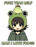 ambiguous_gender black_hair comedy english_text frog frog_hair_ornament happy looking_at_viewer meme short_hair smile snale solo white_background