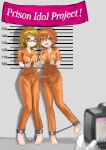  1other 2girls absurdres barefoot blonde_hair blurry blurry_foreground camera chain character_request check_character commission copyright_request cuffs double_v height_chart highres hoshizora_rin jumpsuit koizumi_hanayo mugshot multiple_girls orange_hair orange_jumpsuit pixiv_commission prison_clothes shackles smile teeth upper_teeth_only user_ruvh7248 v violet_eyes yellow_eyes 
