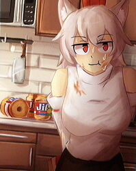  1girl :t animal_ears bare_shoulders breasts commentary eating english_commentary hat highres indoors inubashiri_momiji lad_der looking_at_viewer looking_to_the_side microphone peanut_butter pom_pom_(clothes) red_eyes red_hat shirt short_hair solo sweat touhou upper_body white_shirt wolf_ears wolf_girl 