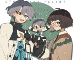  1boy 1girl :d ahoge black_sclera blue_eyes bob_cut brown_eyes brown_hair brown_sweater character_doll closed_mouth coat colored_sclera doll dot_mouth glasses green_background grey_hair hand_up heterochromia holding holding_doll john_titor_(reverse:1999) kobayashi_keyaki looking_at_viewer mismatched_sclera reverse:1999 short_hair smile sweater upper_body white_background white_coat x_(reverse:1999) yellow_eyes 
