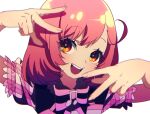  1girl :d ayase_naru bad_id bad_twitter_id double_v hands_up inactive_account looking_at_viewer musical_note open_mouth pink_hair pretty_rhythm pretty_rhythm_rainbow_live pretty_series puffy_short_sleeves puffy_sleeves short_hair short_sleeves simple_background smile solo upper_body v white_background yellow_eyes zashima 