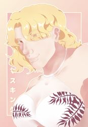  1girl absurdres bang_dream! beach bikini blonde_hair breasts highres looking_at_viewer raise_a_suilen sato_masuki short_hair simple_background smile swimsuit 