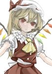  1girl ascot blonde_hair closed_mouth cowboy_shot crystal_wings flandre_scarlet hat hat_ribbon oyasumichu red_eyes red_ribbon ribbon side_ponytail simple_background solo touhou white_background white_mob_cap yellow_ascot 