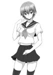  1girl closed_mouth commentary_request greyscale highres kakone looking_at_viewer monochrome neckerchief original pleated_skirt sailor_collar school_uniform serafuku short_hair short_sleeves simple_background skirt smile thigh-highs 