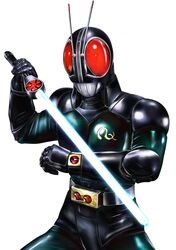  1988 1boy antennae armor belt driver_(kamen_rider) energy_sword gloves helmet highres kamen_rider kamen_rider_black_rx kamen_rider_black_rx_(series) male_focus mask masukudo_(hamamoto_hikaru) new_kamen_rider red_eyes revolcane rider_belt solo standing sword tokusatsu weapon white_background 