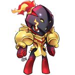  absurdres armarouge armor artist_logo chibi colored_skin cwdw fiery_hair glowing glowing_eyes gold_armor gold_helmet helmet highres looking_at_viewer no_humans pokemon pokemon_(creature) red_eyes red_skin shoulder_armor simple_background solo white_background 