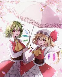  2girls :d ascot blonde_hair cherry_blossoms collared_shirt commentary_request crystal flandre_scarlet flower frilled_shirt_collar frills green_hair hair_flower hair_ornament hat hat_ribbon highres holding holding_umbrella kazami_yuuka long_hair long_sleeves matching_outfits mob_cap multiple_girls open_mouth pink_flower pink_umbrella pointy_ears puffy_long_sleeves puffy_sleeves red_eyes red_ribbon red_skirt red_vest ribbon shironeko_yuuki shirt short_hair skirt smile touhou umbrella vest white_hat white_shirt wings yellow_ascot 