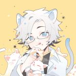  1boy animal animal_ear_fluff animal_ears black_shirt blue_eyes cat cat_boy cat_ears cat_tail chinese_commentary commentary_request doughnut food glasses highres holding holding_animal holding_cat holding_food kanou_aogu kemonomimi_mode lab_coat long_sleeves male_focus open_clothes portrait saibou_shinkyoku sample_watermark semi-rimless_eyewear shirt short_hair simple_background smile solo sparkle tail tongue tongue_out watermark white_cat white_hair xiao228 yellow_background 