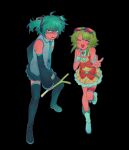 1boy 1girl belt black_background blue_eyes blue_hair blush boots bridal_garter brooch closed_eyes collared_shirt cosplay crossdressing detached_sleeves food full_body goggles goggles_on_head green_hair gumi gumi_(cosplay) hair_ornament hatsune_miku hatsune_miku_(cosplay) hatsune_mikuo headphones helado_jpg highres hiyori_sou holding holding_food jewelry jitome kimi_ga_shine kizuchi_kanna long_sleeves necktie open_mouth pleated_skirt shirt short_hair_with_long_locks siblings skirt sleeveless sleeveless_shirt smile spring_onion standing standing_on_one_leg sweat thigh_boots twintails vocaloid w wrist_cuffs