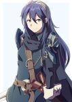  1girl absurdres armor blue_cape blue_eyes blue_hair brand_of_the_exalt cape closed_mouth fire_emblem fire_emblem_awakening hair_between_eyes highres long_hair long_sleeves looking_at_viewer lucina_(fire_emblem) sheath shoulder_armor smile solo symbol_in_eye tiara to_(tototo_tk) upper_body white_background 