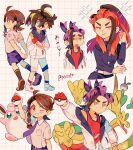  1boy 2girls alternate_hairstyle black_hair blush brown_eyes brown_hair carmine_(pokemon) closed_mouth collared_shirt crossed_bangs highres holding holding_poke_ball hydrapple jacket juliana_(pokemon) kieran_(pokemon) long_hair long_sleeves mole mole_on_neck mole_under_eye multiple_girls necktie one_eye_closed open_clothes open_jacket open_mouth poke_ball poke_ball_(basic) pokemon pokemon_(creature) pokemon_sv purple_hair redhead school_uniform shirt shoes shorts simple_background socks tokuura tongue uva_academy_school_uniform wigglytuff yellow_eyes 