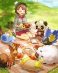  1girl berry_(pokemon) blush_stickers bright_pupils brown_hair closed_eyes curry dress empty_plate eyelashes fon-due_(fonfon) food gloria_(pokemon) grass green_hat grey_jacket holding holding_food holding_spoon jacket nickit open_mouth pancham pecha_berry picnic_blanket pink_dress plaid_socks pokemon pokemon_(creature) pokemon_swsh rookidee short_hair signature sobble spoon white_pupils wooloo yamper 