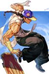  baseball_cap black_footwear black_hair black_pants braid bridal_gauntlets chinese_clothes evolution_championship_series grey_eyes hankuri hat muscular muscular_male pants shirt skateboard sleeveless sleeveless_shirt solo street_fighter street_fighter_iii_(series) white_shirt yun_lee 