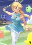  blonde_hair blue_toad_(mario) blurry blurry_background blurry_foreground breasts crown dress earrings hair_over_one_eye highres holding_tennis_racket jewelry kurere1202 long_hair luma_(mario) medium_breasts mini_crown motion_blur pantyhose rosalina short_dress sleeveless sleeveless_dress sparkle star_(symbol) star_earrings super_mario_bros. white_pantyhose 