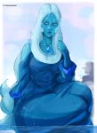  1girl absurdres bare_shoulders blue_diamond_(steven_universe) blue_dress blue_eyes blue_hair blue_skin chest_jewel colored_skin dress gem highres long_hair patreon_logo sarulart solo steven_universe very_long_hair water wet 