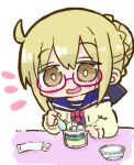 1girl artoria_pendragon_(fate) blonde_hair blue_sailor_collar blue_shirt blush braid braided_bun brown_cardigan brown_eyes cardigan chibi commentary_request cup disposable_cup fate/grand_order fate_(series) food glasses hair_between_eyes hair_bun holding holding_spoon kasuga_yuuki mysterious_heroine_x_alter_(fate) notice_lines open_cardigan open_clothes open_mouth purple-tinted_eyewear sailor_collar school_uniform semi-rimless_eyewear serafuku shirt simple_background smile solo spoon tinted_eyewear under-rim_eyewear upper_body white_background 