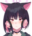 1girl animal_ears asymmetrical_hair black_choker black_hair black_jacket blue_archive blush cat_ears cat_girl choker colored_inner_hair hair_ornament hairpin halo headphones highres implied_extra_ears jacket kazusa_(blue_archive) looking_at_viewer multicolored_hair photo-referenced pink_eyes pink_hair pink_halo portrait short_hair simple_background solo white_background yata_mawari 