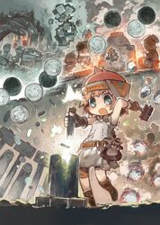  1girl bag bike_shorts black_gloves blue_eyes boots coin commentary_request dress fantasy fingerless_gloves gloves hammer headband highres holding holding_hammer konno_takashi minecart mining open_mouth original pink_hair short_hair sleeveless smoke solo_focus sweat white_dress 