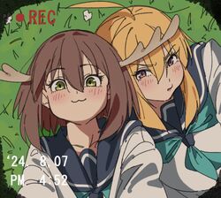  2girls :3 ahoge antlers aqua_neckerchief blonde_hair blue_sailor_collar brown_hair collarbone deer_antlers deer_girl from_above grass green_eyes horns koshi_torako looking_at_viewer lying medium_hair multiple_girls neckerchief on_ground perutore sailor_collar school_uniform serafuku shikanoko_noko shikanoko_nokonoko_koshitantan shirt viewfinder violet_eyes white_shirt 