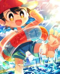  1boy absurdres alternate_costume barefoot baseball_cap black_hair blue_eyes blue_shorts child happy hat highres male_focus mother_(game) mother_2 ness_(mother_2) open_mouth palm_tree pool short_hair shorts smile solo swim_ring swimsuit tree user_cnrn8243 