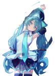  1girl :3 ahoge animal_ears arm_behind_head arrow_(symbol) black_skirt blue_eyes blue_hair blue_nails blue_necktie blue_trim blush cat_ears cat_girl closed_mouth collared_shirt curly_hair detached_sleeves fingernails hair_between_eyes hair_ornament hatsune_miku headset highres long_hair long_sleeves looking_at_viewer mihoranran nail_polish navel necktie pleated_skirt shirt simple_background skirt solo solo_focus standing stretching tail thigh-highs twintails vocaloid white_background white_shirt wide_sleeves 