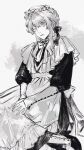  1girl apron bow braid capelet closed_mouth crown_braid expressionless frilled_capelet frills greyscale hair_bow high_heels highres long_hair long_sleeves looking_at_viewer machihazure maid maid_apron maid_headdress monochrome original own_hands_together sidelocks sitting solo 