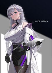  1girl absurdres ankle_boots bare_shoulders belt belt_pouch black_belt blue_eyes blush boots breasts buckle cecil_(nikke) coat earpiece gloves goddess_of_victory:_nikke highres holographic_touchscreen large_breasts long_hair looking_at_viewer nagasaki_ken_(stellar_wind) open_clothes open_coat pantyhose pouch shirt shirt_tucked_in simple_background skirt snap-fit_buckle solo standing tented_shirt thigh_pouch two-tone_skirt white_coat white_hair white_shirt 