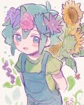  1boy antenna_hair aqua_eyes aqua_hair aqua_overalls arms_behind_back basil_(headspace)_(omori) basil_(omori) blue_flower blush brown_background buttons child flower flower_wreath gladiolus green_shirt hair_between_eyes head_wreath holding holding_flower leaf looking_at_viewer mnmn0406 omori open_mouth pink_flower pink_rose purple_flower rose shirt short_hair short_sleeves smile sunflower upper_body yellow_flower 