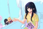  1girl black_dress black_hair blonde_hair blue_background book character_doll closed_mouth commentary curtains day dress futari_wa_precure holding holding_book indoors inoue_takina koyomania long_hair lycoris_recoil misumi_nagisa nishikigi_chisato one_side_up plant potted_plant precure red_dress shirt short_sleeves sitting smile solo stuffed_toy upper_body violet_eyes window yellow_shirt yukishiro_honoka 