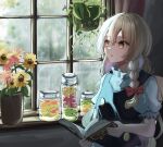  1girl black_vest blonde_hair book bow braid commentary erisauria eyelashes eyes_visible_through_hair flower hair_between_eyes hair_bow highres holding holding_book indoors jar kirisame_marisa long_hair looking_to_the_side no_headwear on_chair open_book parted_lips plant potted_plant puffy_short_sleeves puffy_sleeves rain red_bow shirt short_sleeves sidelighting single_braid sitting solo sunflower touhou tsurime turtleneck upper_body vest white_shirt window yellow_eyes 